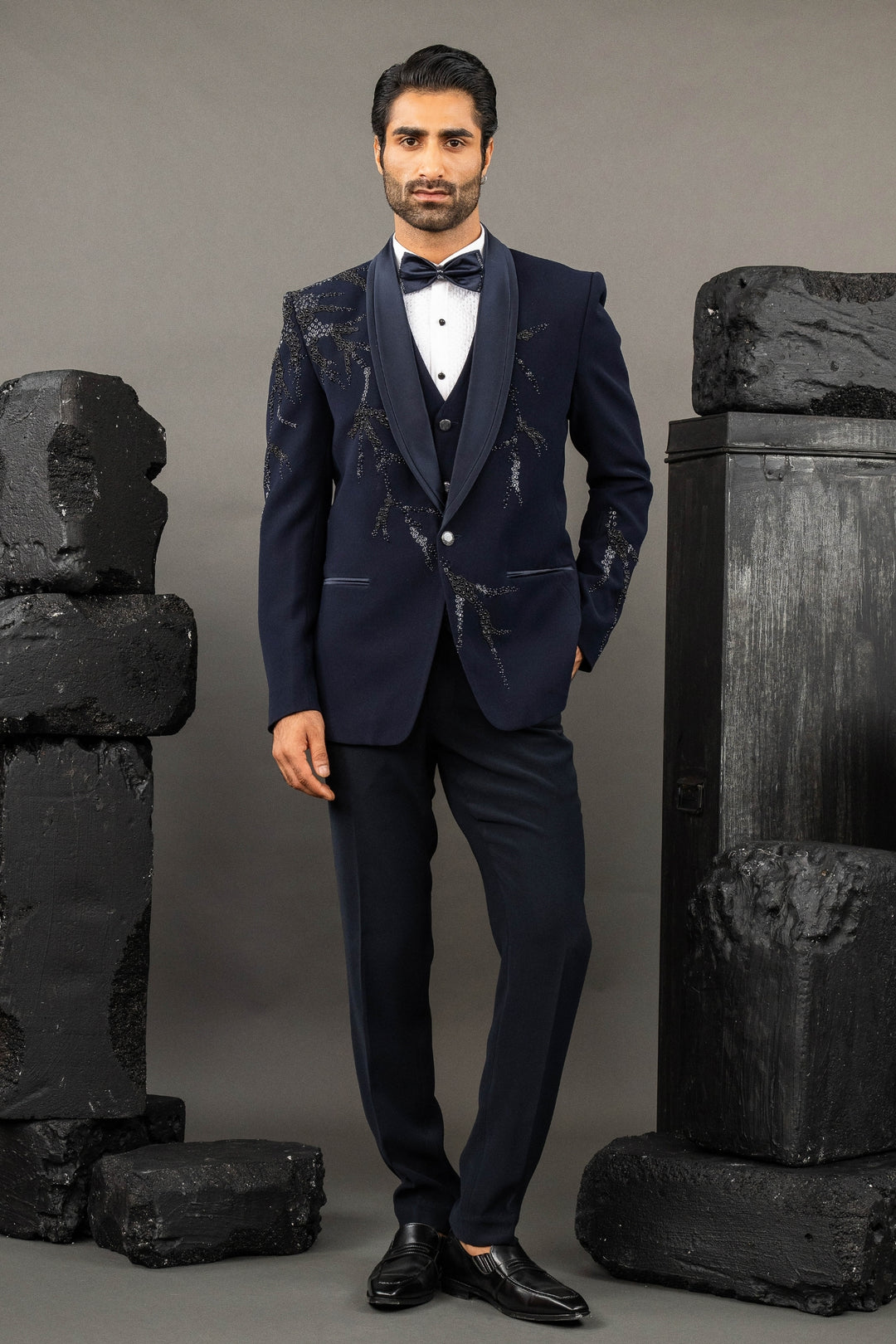 Blue Japanese Fabric Hand Embroidered Tuxedo Set
