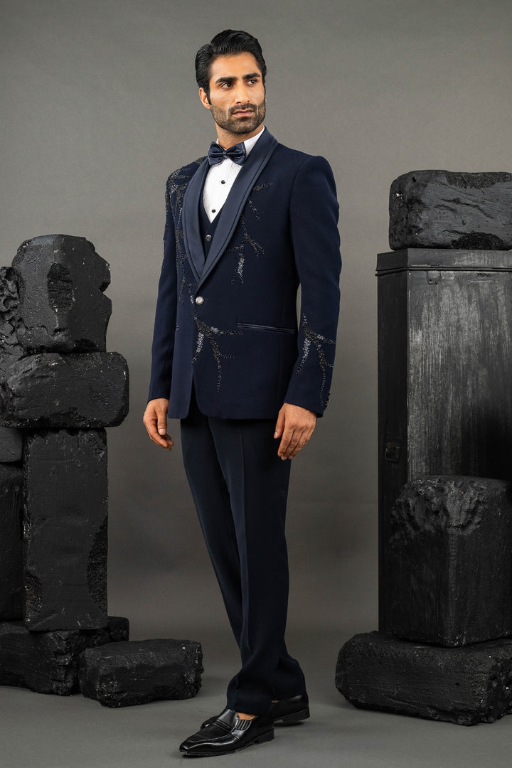Blue Japanese Fabric Hand Embroidered Tuxedo Set