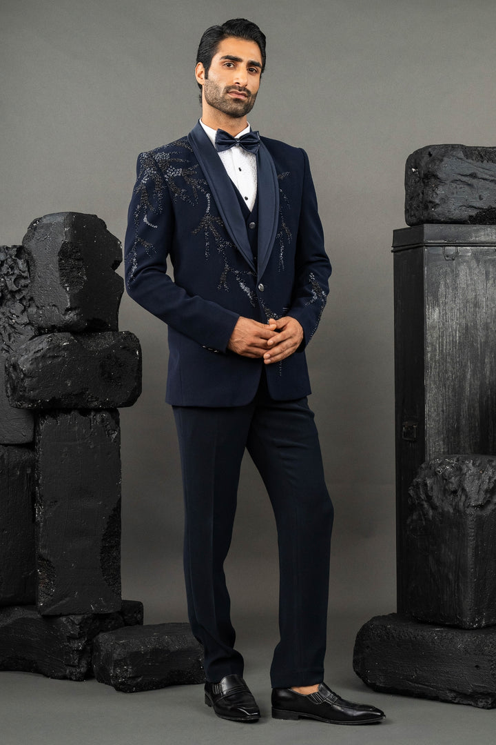 Blue Japanese Fabric Hand Embroidered Tuxedo Set