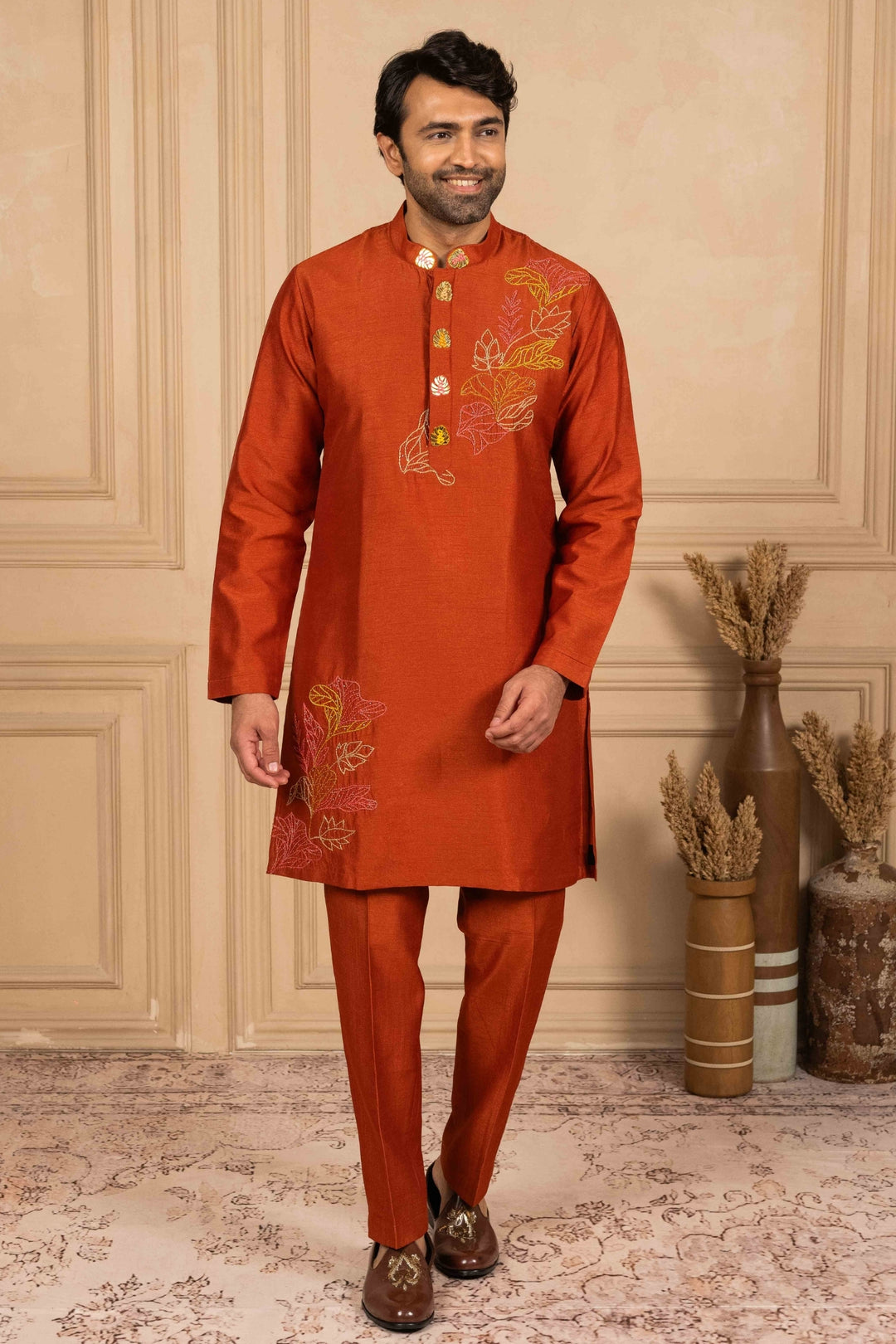 Burnt Orange Kurta with Reshamkari Work
