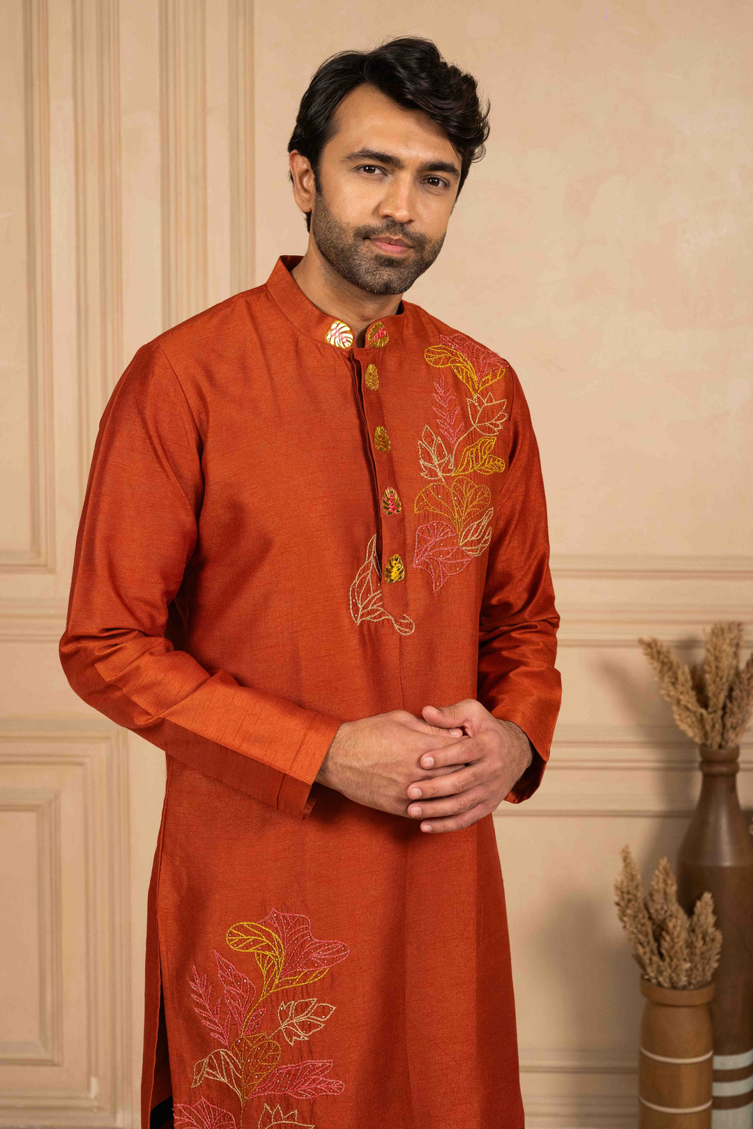 Burnt orange kurta adorned with Reshamkari embroidery – Image 7
