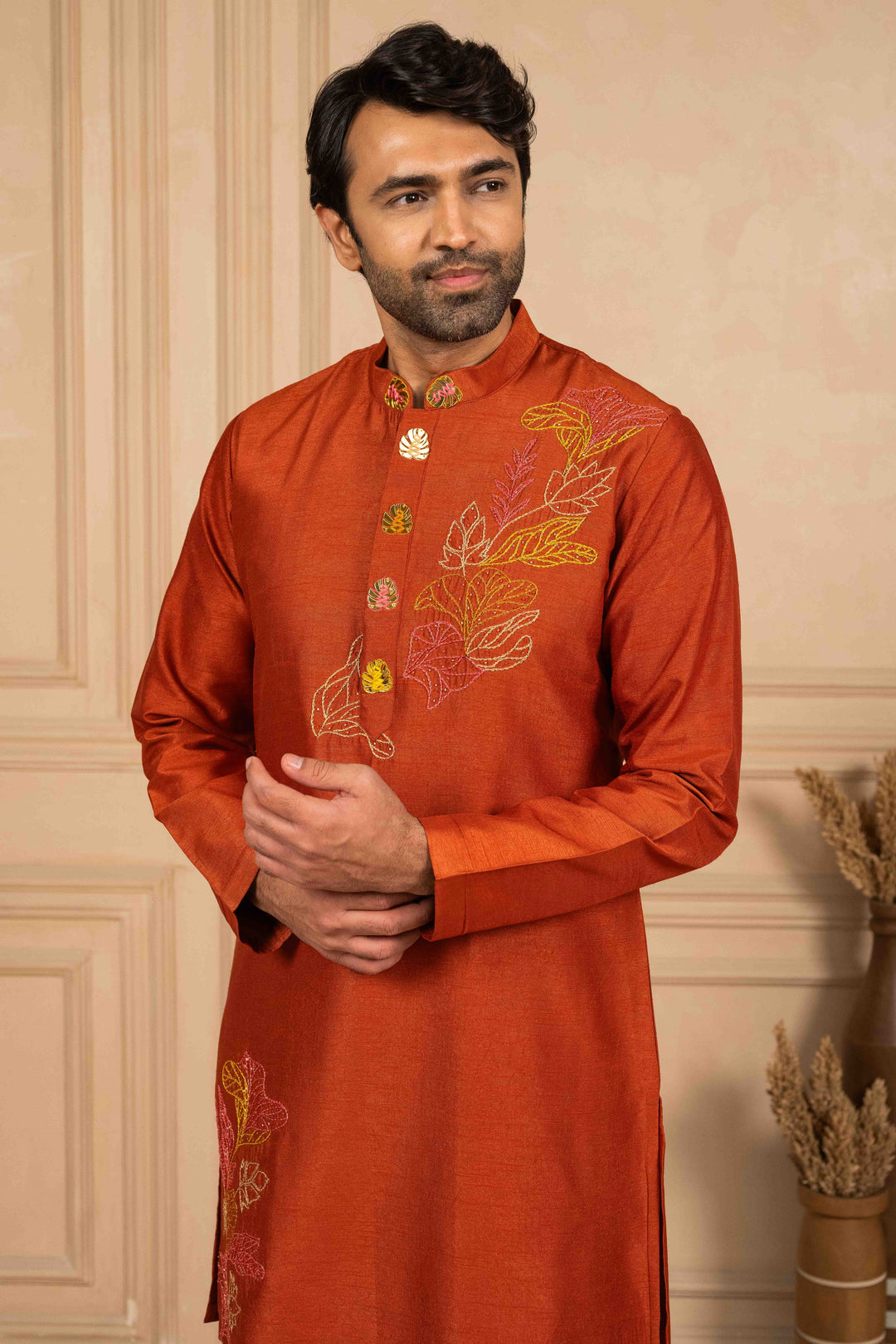 Burnt orange kurta adorned with Reshamkari embroidery – Image 6