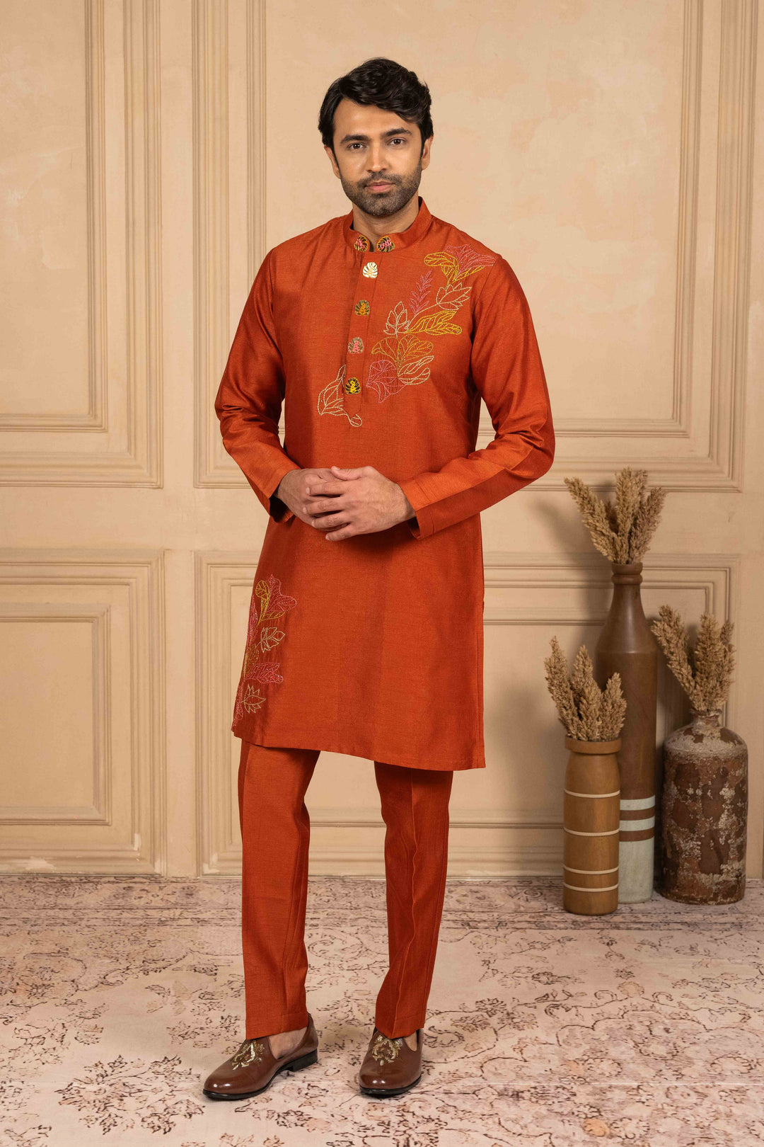 Burnt orange kurta adorned with Reshamkari embroidery – Image 3