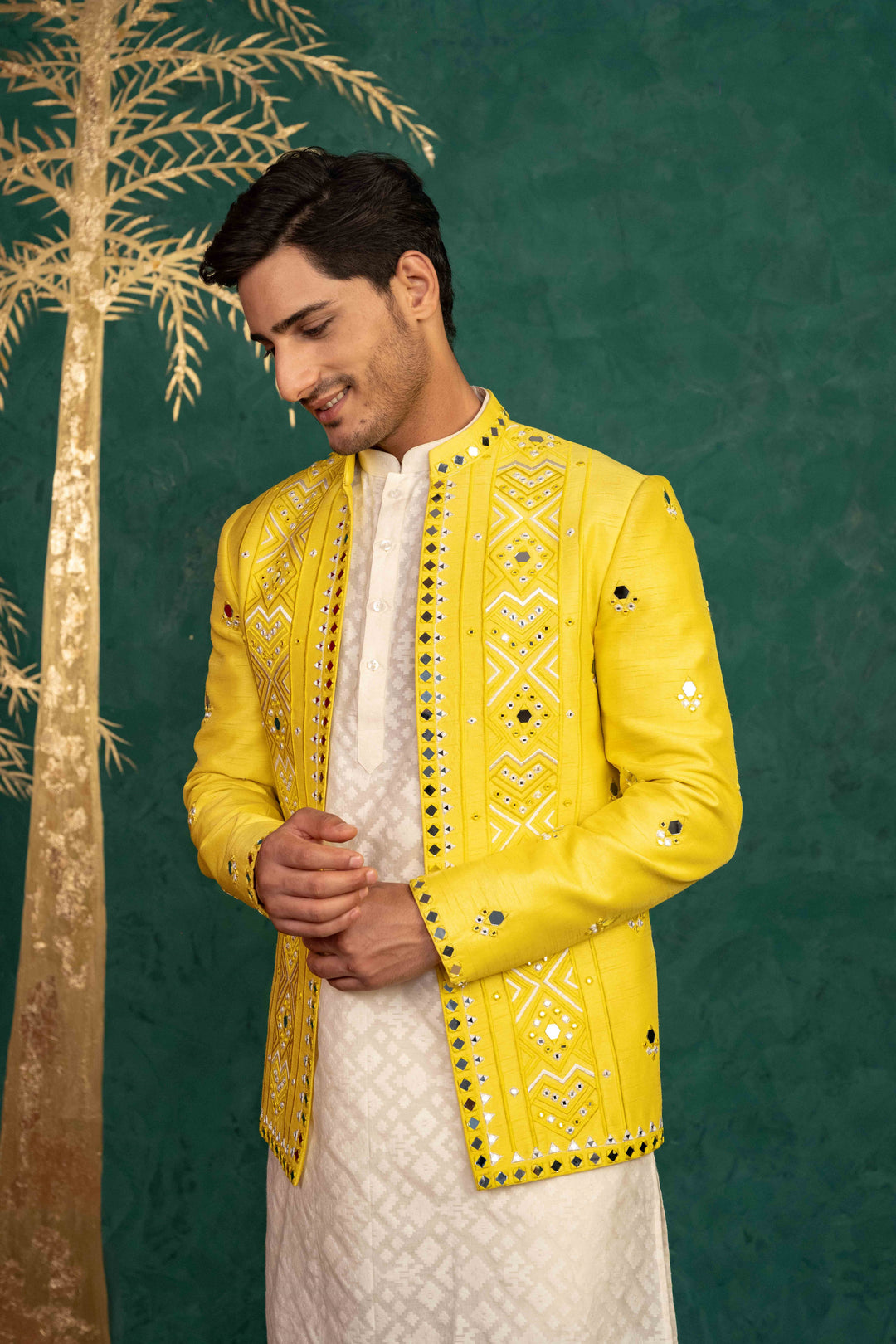 CANARY YELLOW MIRROR EMBROIDERED JODHPURI