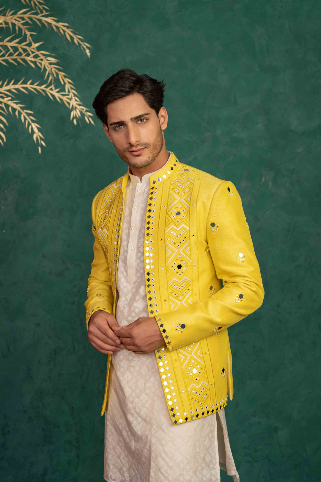 CANARY YELLOW MIRROR EMBROIDERED JODHPURI – Image 7