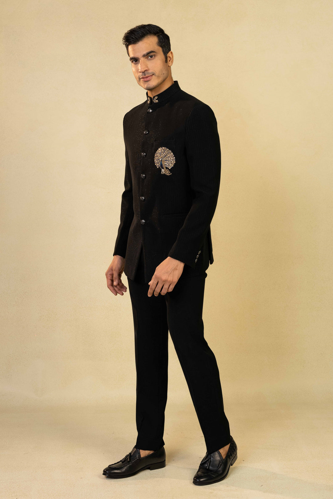 Classic Jodhpuri with intricate peacock motif in Zardozi and Resham embroidery. – Image 5