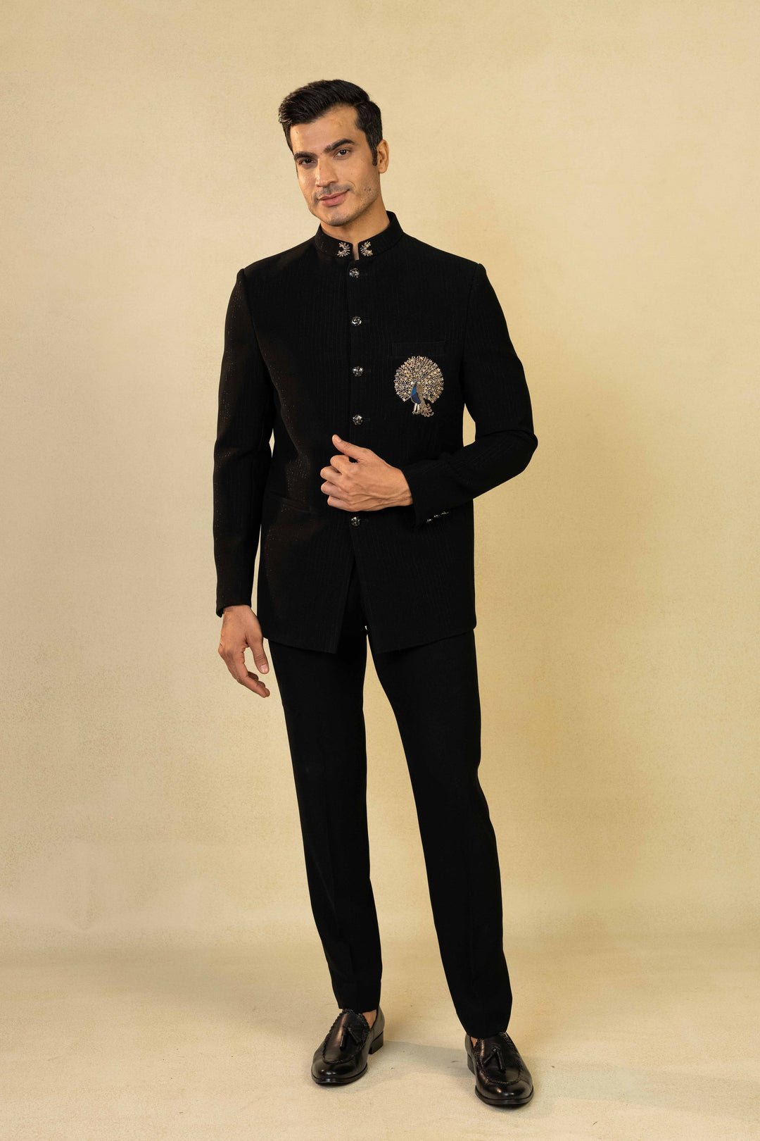 Classic Jodhpuri with intricate peacock motif in Zardozi and Resham embroidery. – Image 4