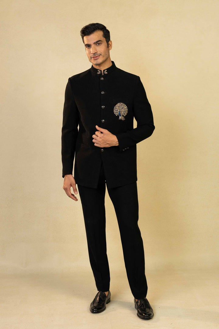 Classic Jodhpuri with intricate peacock motif in Zardozi and Resham embroidery.