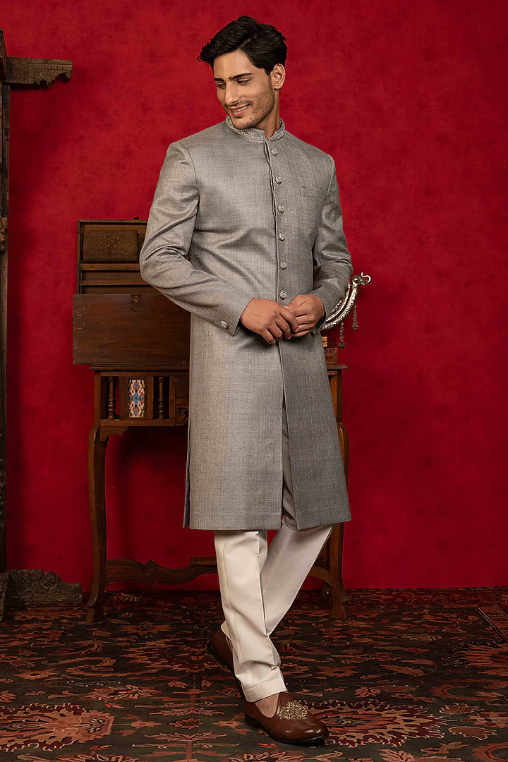 Classic Silver Grey Nawabi with Embroidery – Image 2