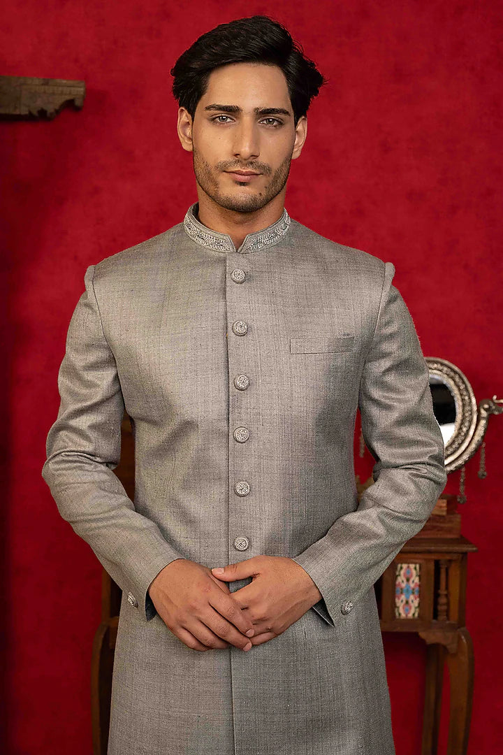 Classic Silver Grey Nawabi with Embroidery – Image 4