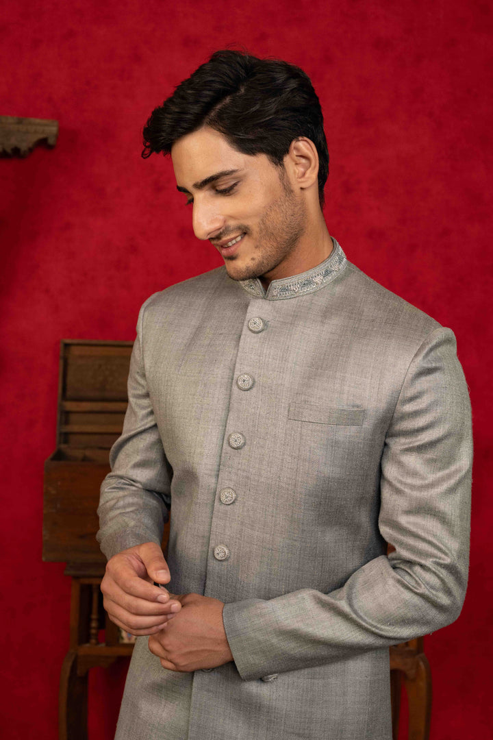 Classic silver grey Nawabi  Intricate Hand Embroidery