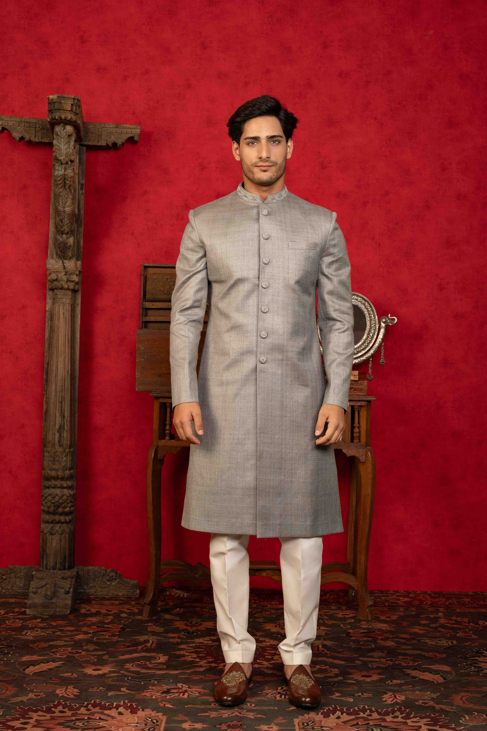 Classic silver grey Nawabi  Intricate Hand Embroidery