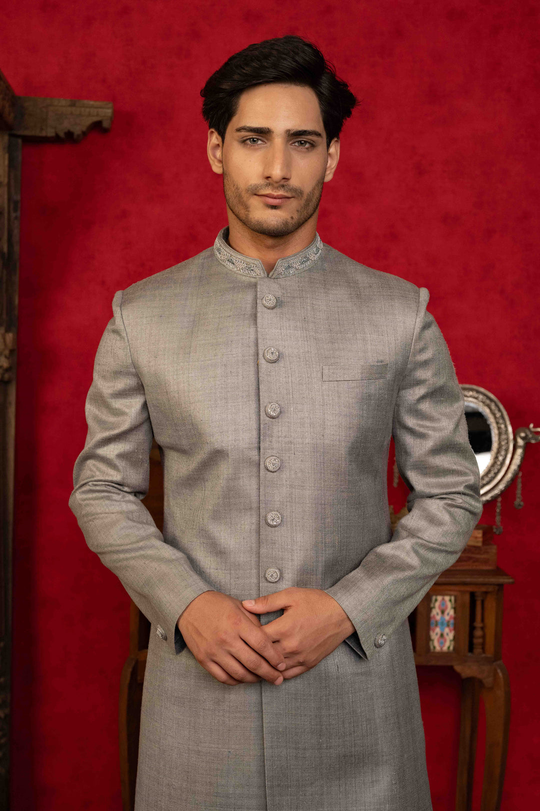 Classic silver grey Nawabi  Intricate Hand Embroidery