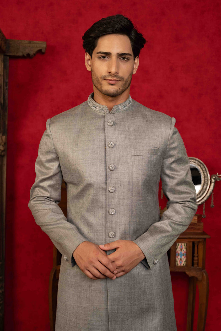 Classic silver grey Nawabi  Intricate Hand Embroidery