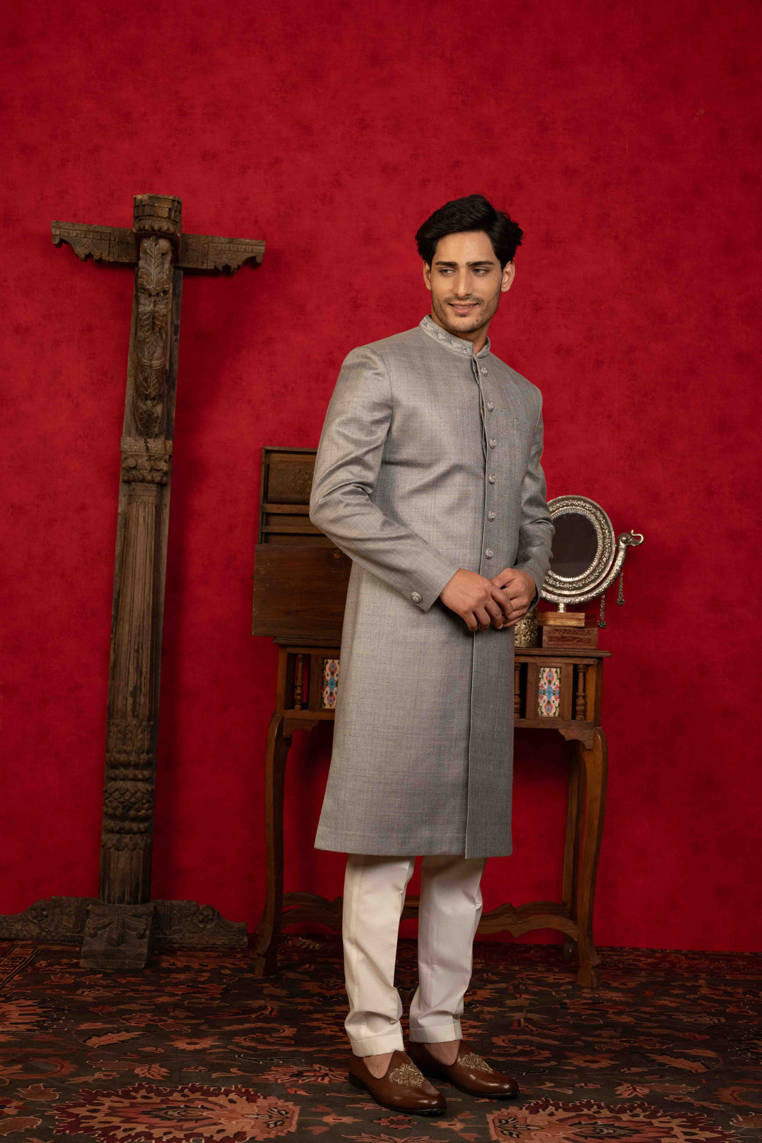 Classic silver grey Nawabi  Intricate Hand Embroidery – Image 4
