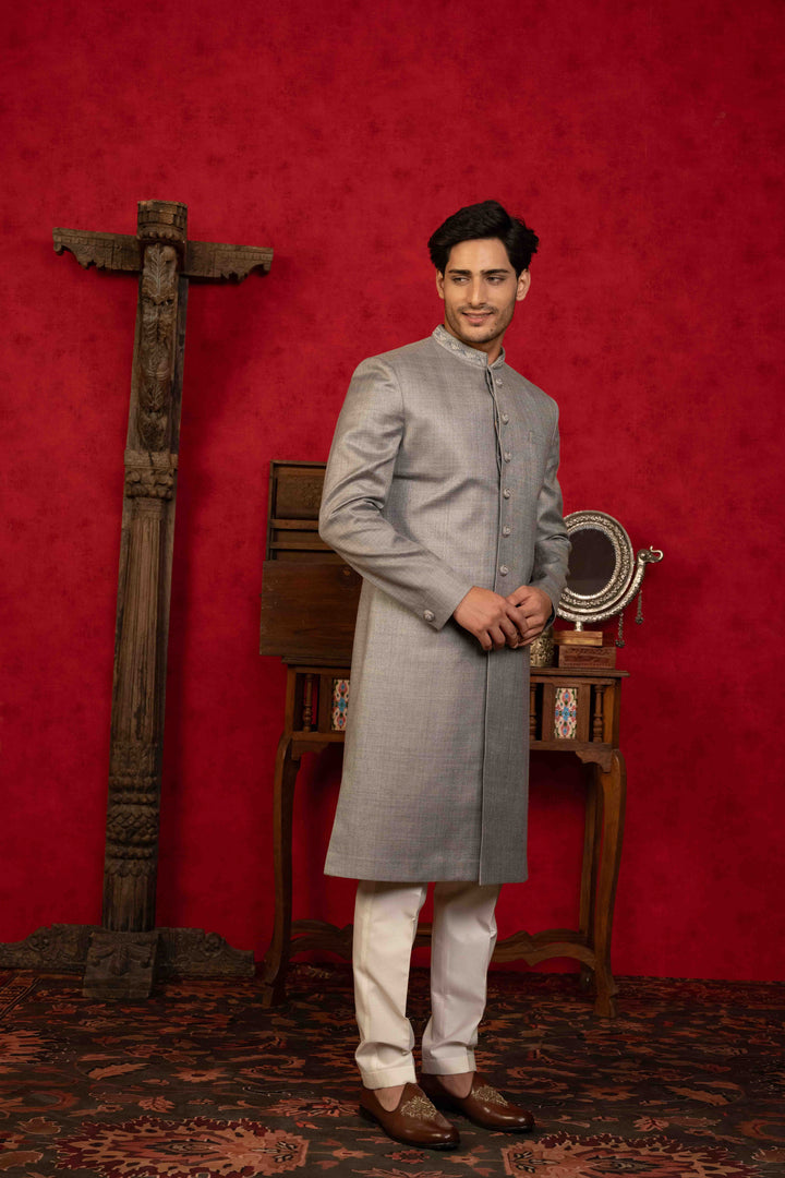 Classic silver grey Nawabi  Intricate Hand Embroidery