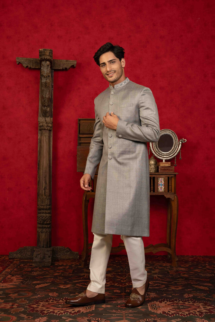 Classic silver grey Nawabi  Intricate Hand Embroidery
