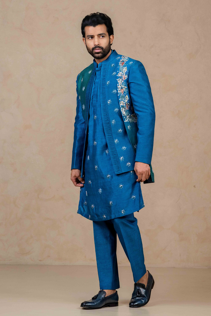 Cobalt Blue Ombré - Zardoshi & Pearls - Dupion - Indo Western