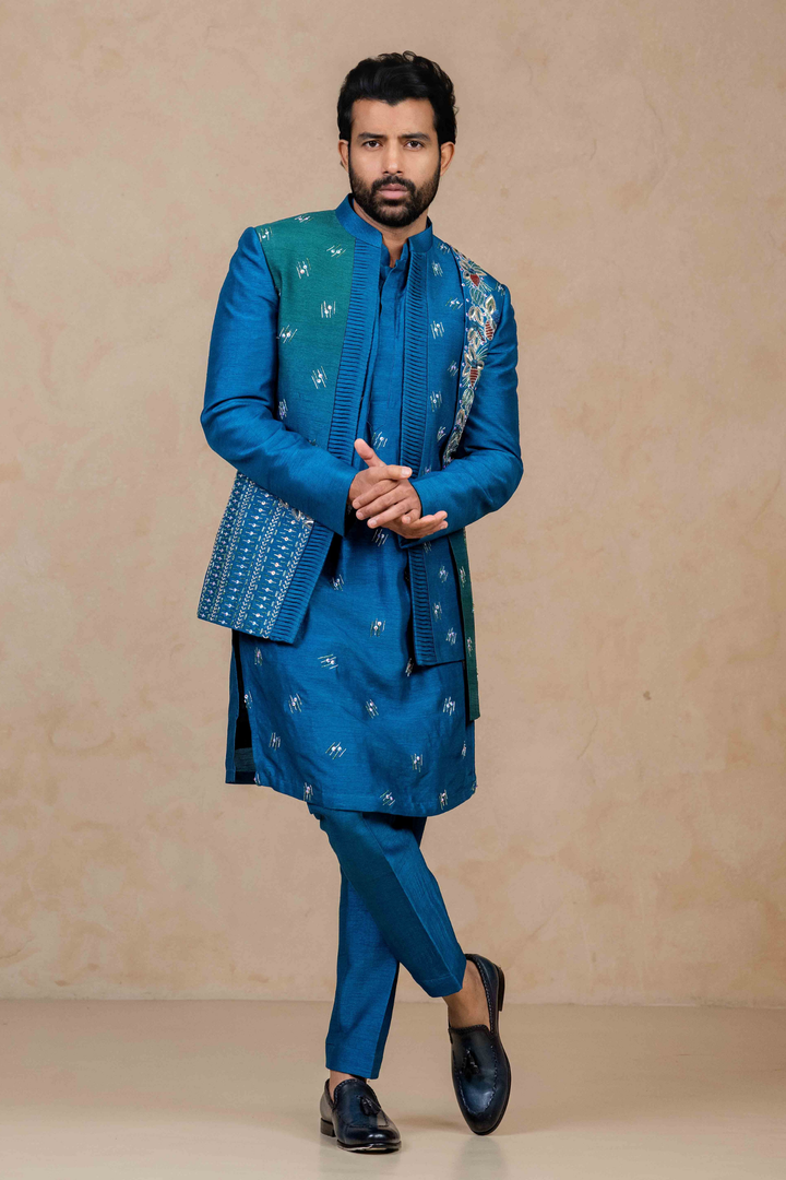 Cobalt Blue Ombré - Zardoshi & Pearls - Dupion - Indo Western
