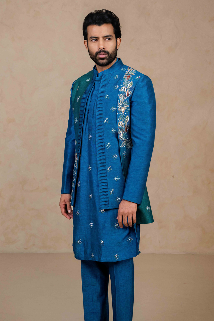 Cobalt Blue Ombré - Zardoshi & Pearls - Dupion - Indo Western