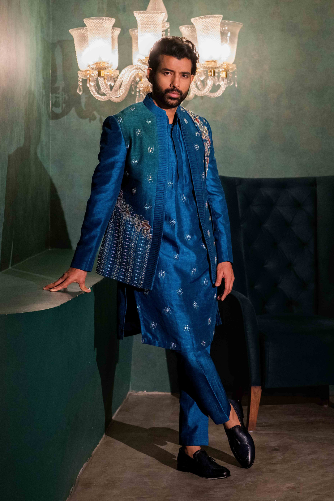 Cobalt Blue Ombré - Zardoshi & Pearls - Dupion - Indo Western – Image 6
