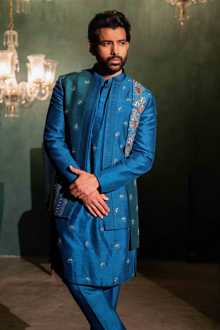 Cobalt Blue Ombré - Zardoshi & Pearls - Dupion - Indo Western