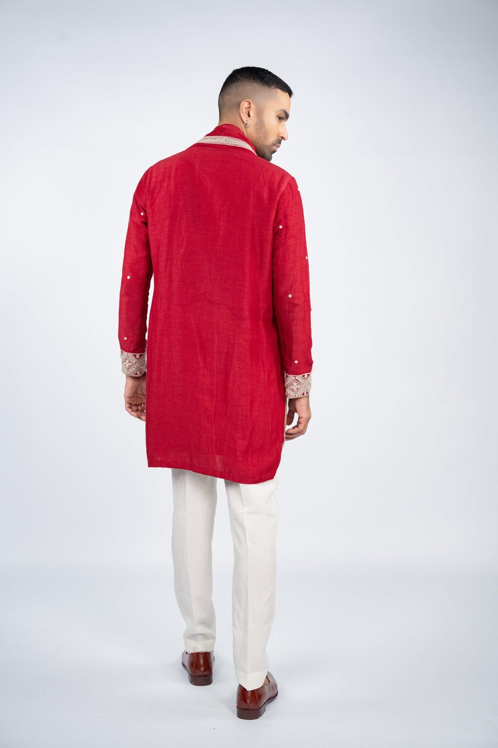 Red Linen Silk Mirror Work Kurta Set