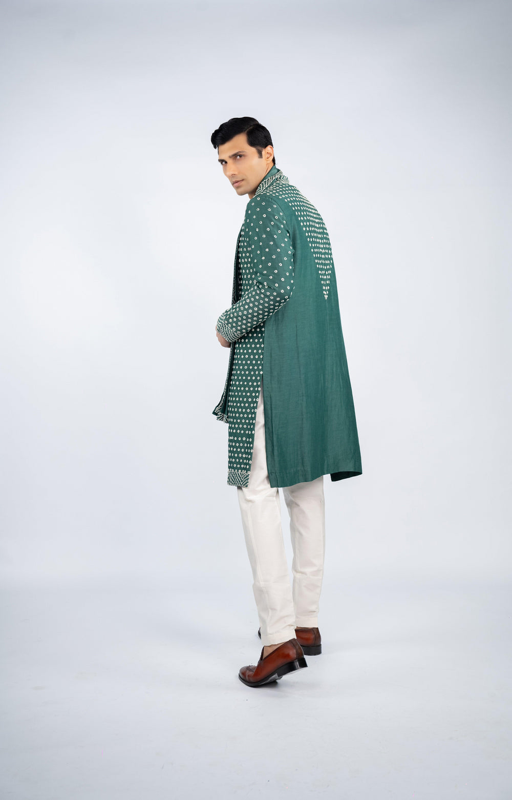 Green Front Open French Knot Kurta