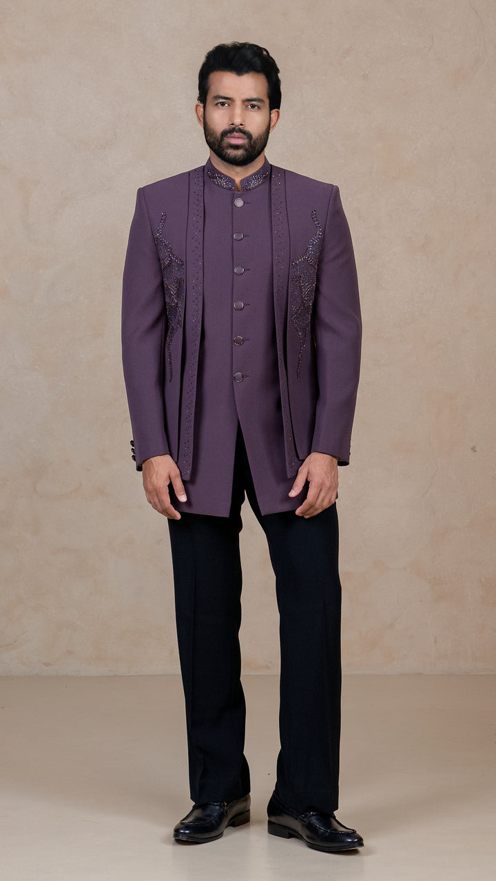 Dark Lavender - Cutdana & Pearls - Polyester Lycra - Indo Western