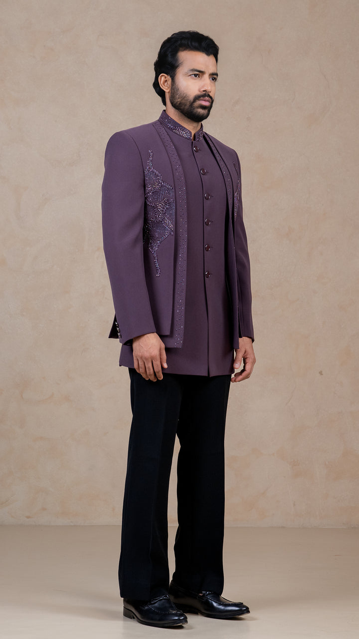 Dark Lavender - Cutdana & Pearls - Polyester Lycra - Indo Western