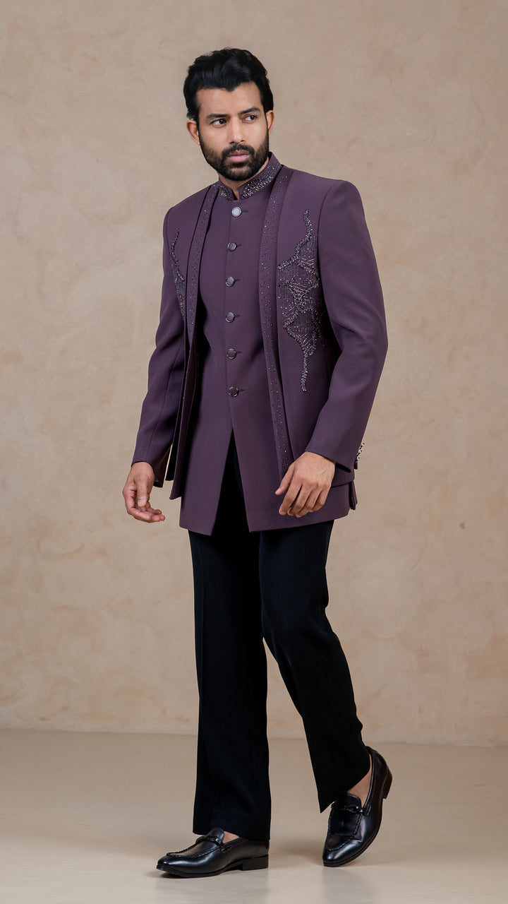 Dark Lavender - Cutdana & Pearls - Polyester Lycra - Indo Western