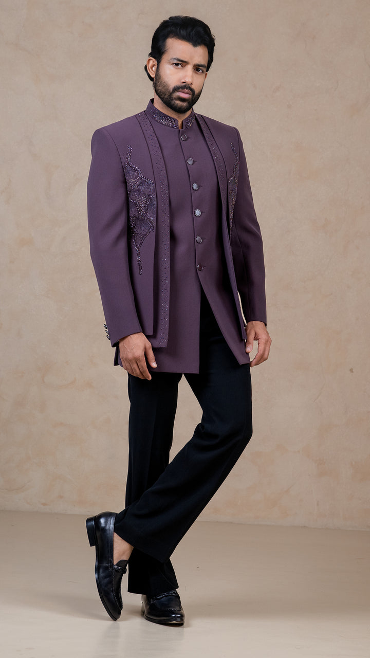 Dark Lavender - Cutdana & Pearls - Polyester Lycra - Indo Western