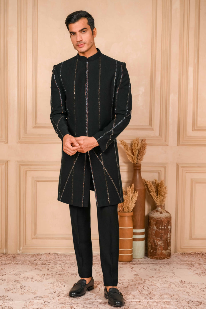 Deep Black Indo-Western Jacket Set Embroidered
