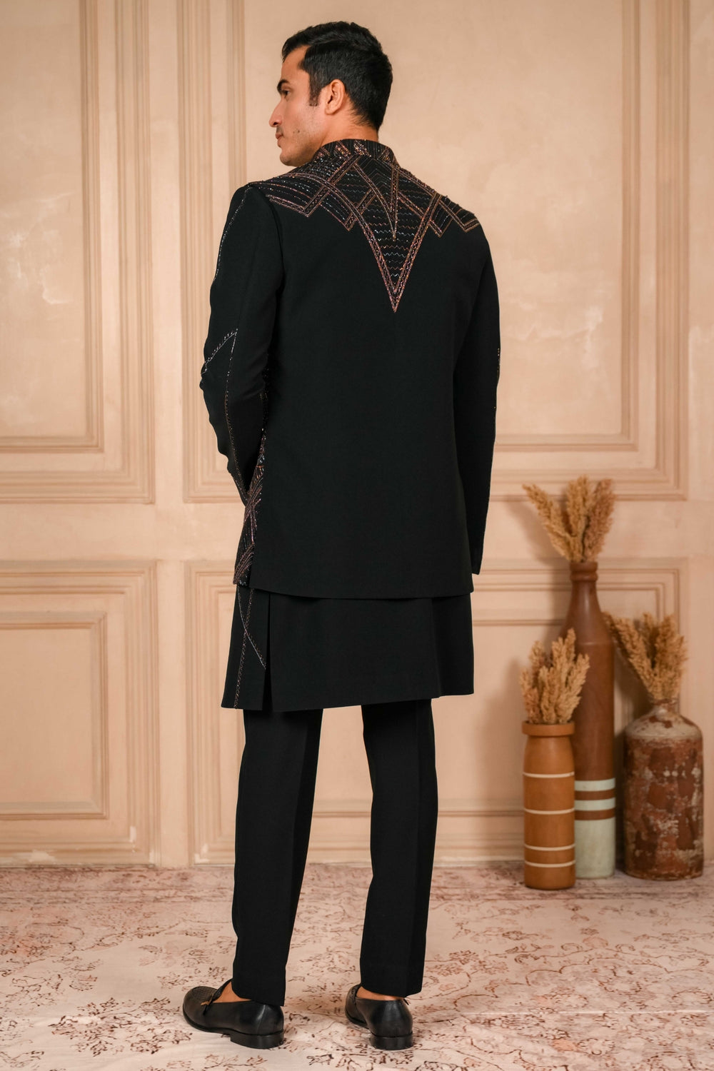 Deep Black Indo-Western Jacket Set Embroidered