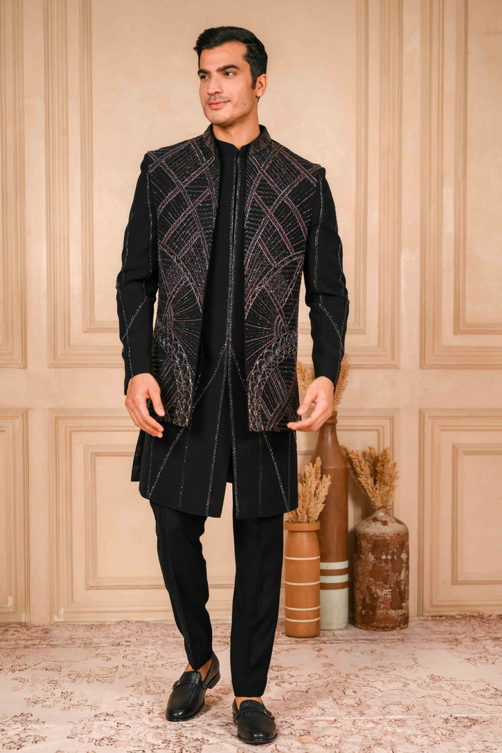 Deep Black Indo-Western Jacket Set Embroidered