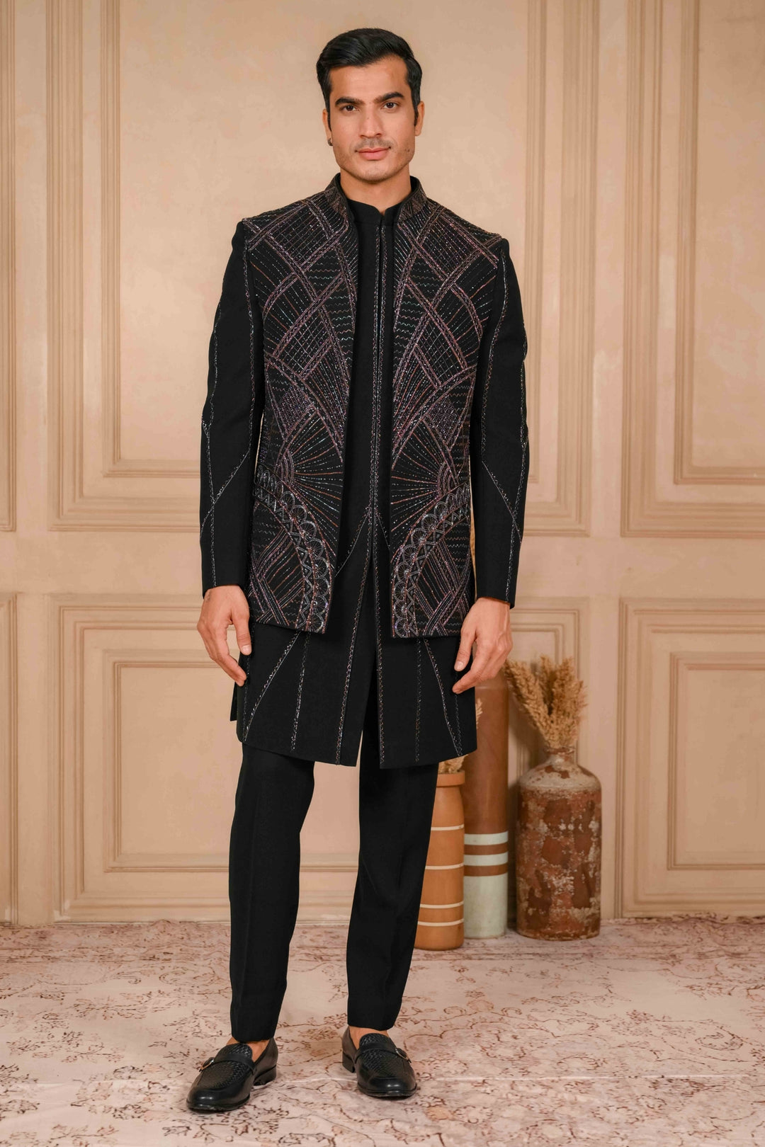 Deep Black Indo-Western Jacket Set Embroidered – Image 3