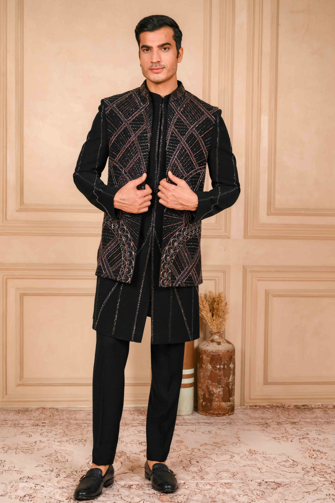 Deep Black Indo-Western Jacket Set Embroidered – Image 4