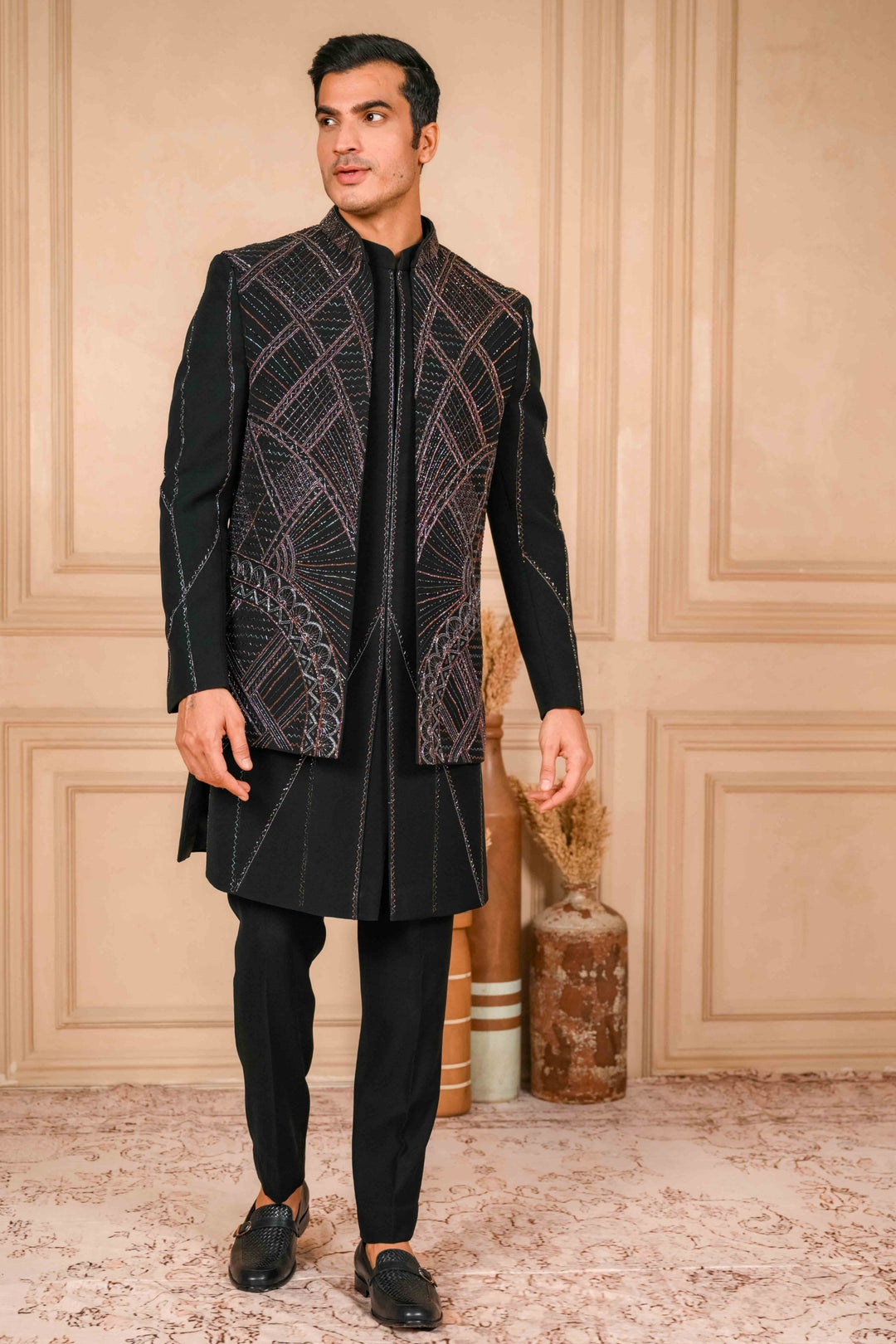 Deep Black Indo-Western Jacket Set Embroidered – Image 6