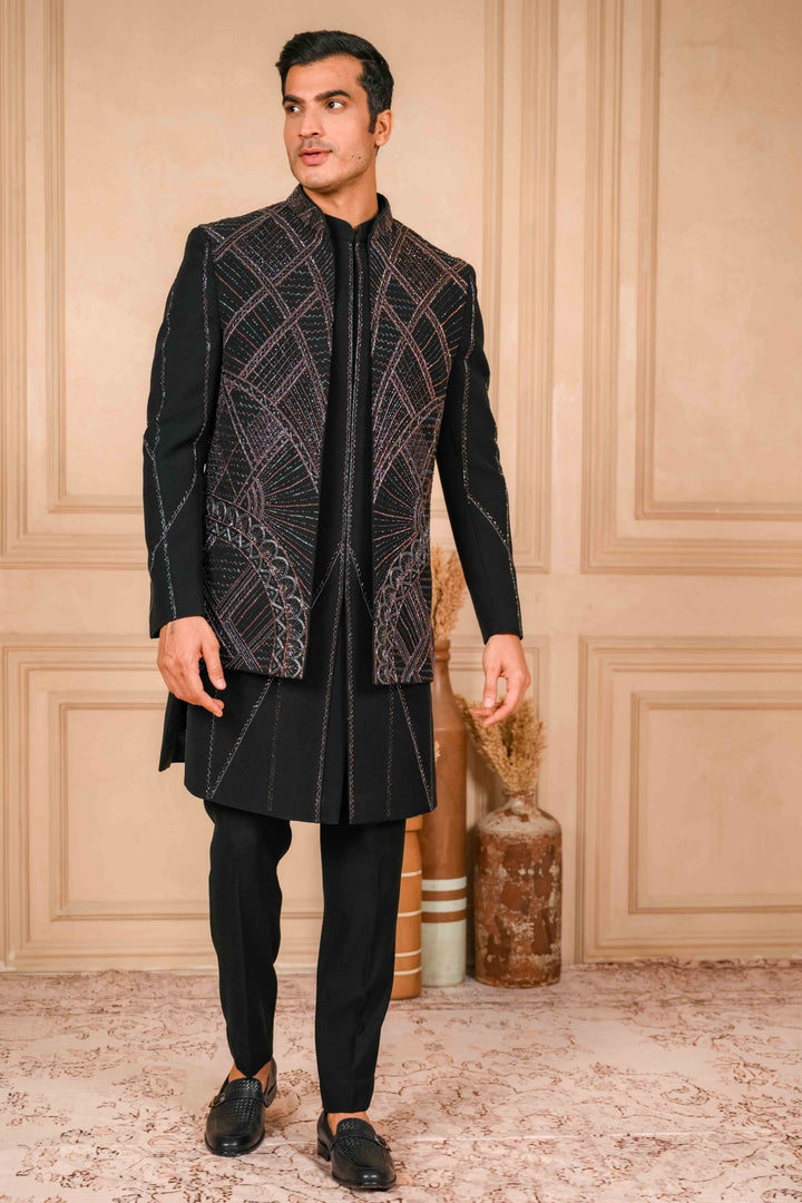 Deep Black Indo-Western Jacket Set Embroidered