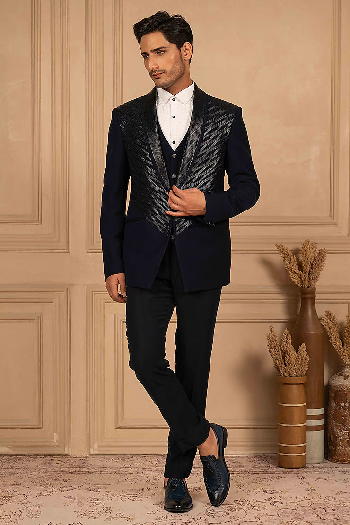Deep Blue Velvet Tuxedo with Metallic Work