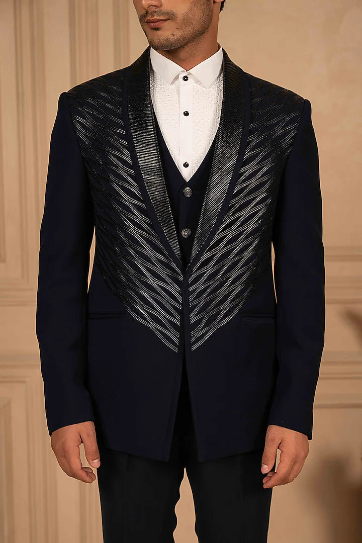 Deep Blue Velvet Tuxedo with Metallic Work