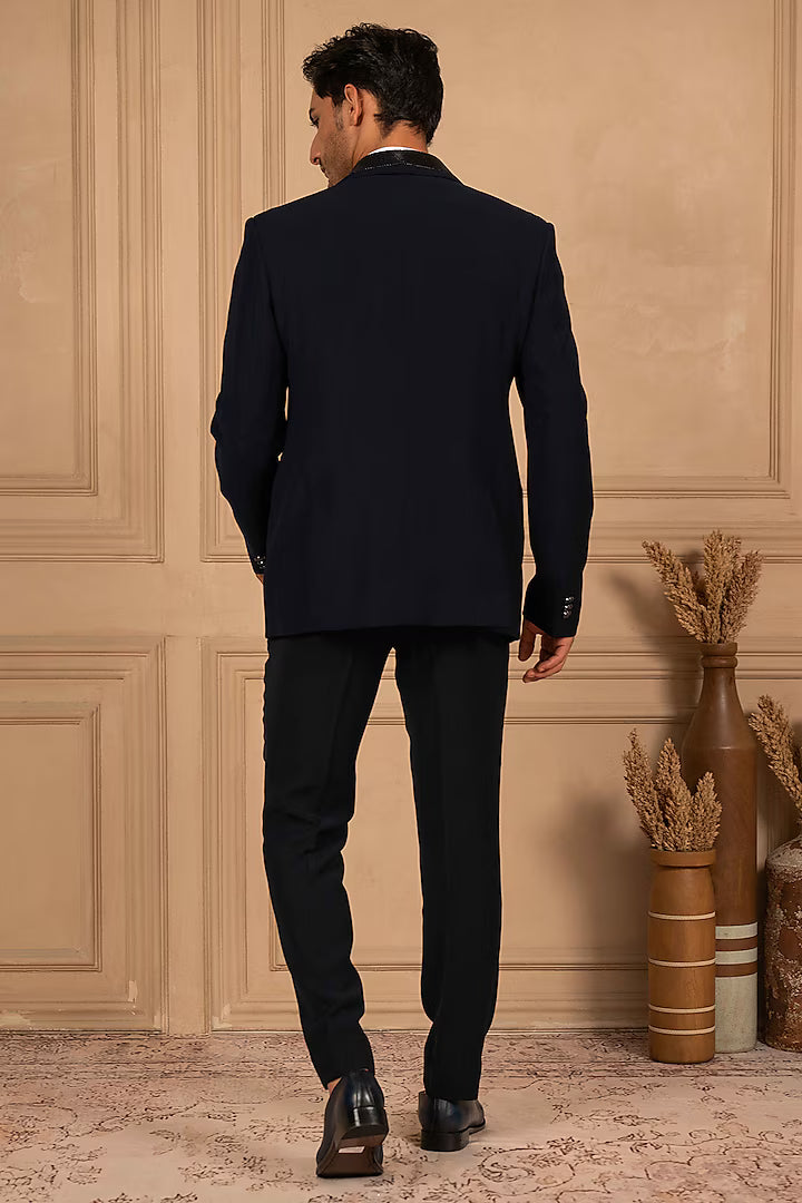 Deep Blue Velvet Tuxedo with Metallic Work