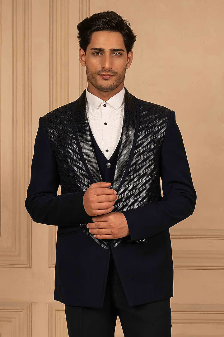 Deep Blue Velvet Tuxedo with Metallic Work