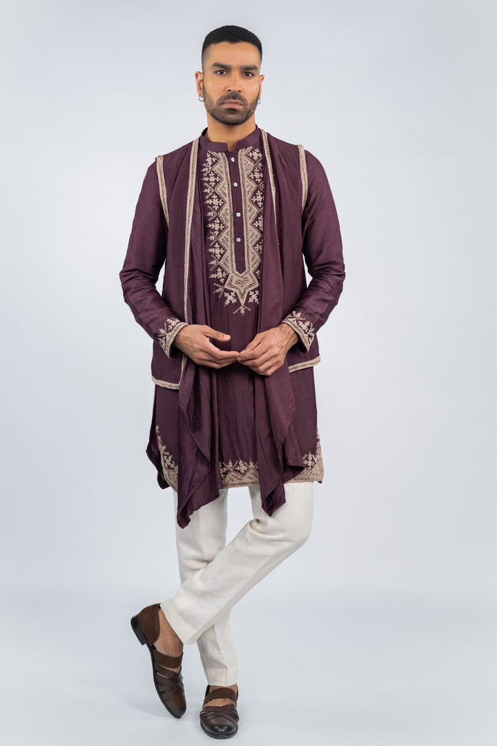 Deep Purple Draped Koti Kurta Set