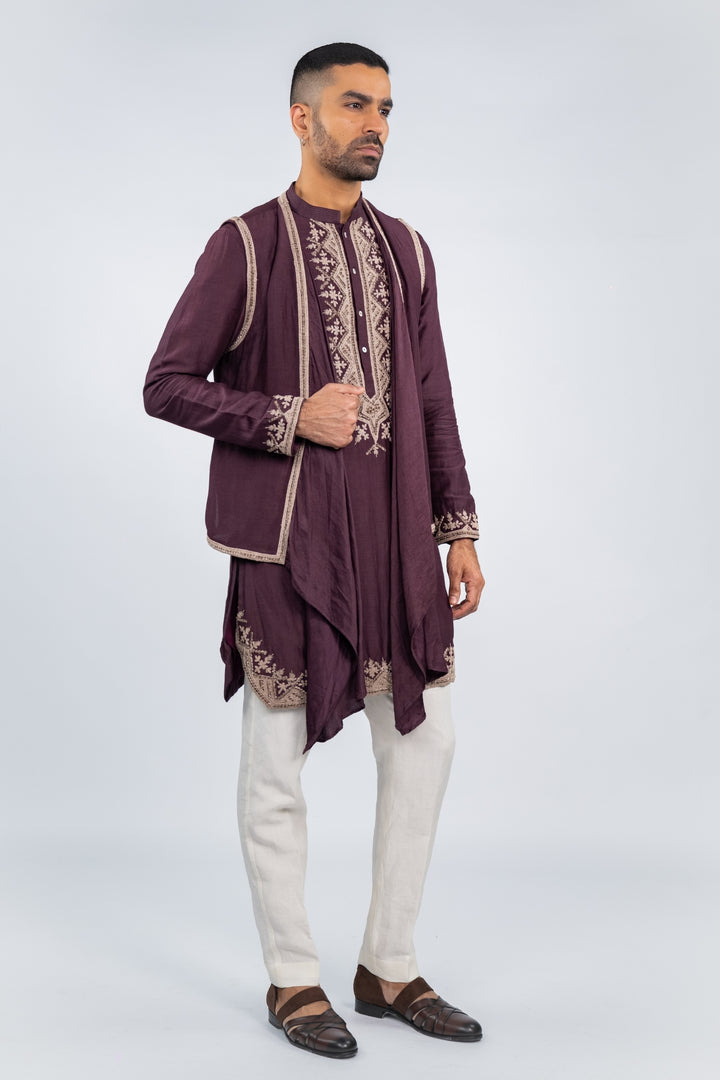 Deep Purple Draped Koti Kurta Set