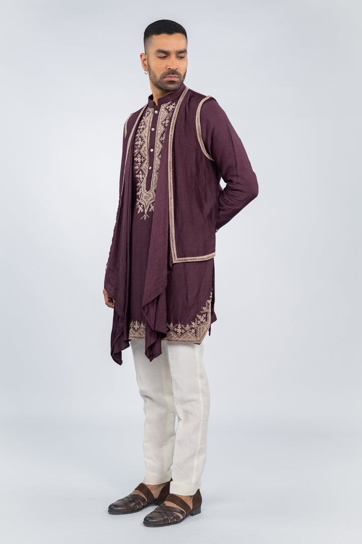 Deep Purple Draped Koti Kurta Set