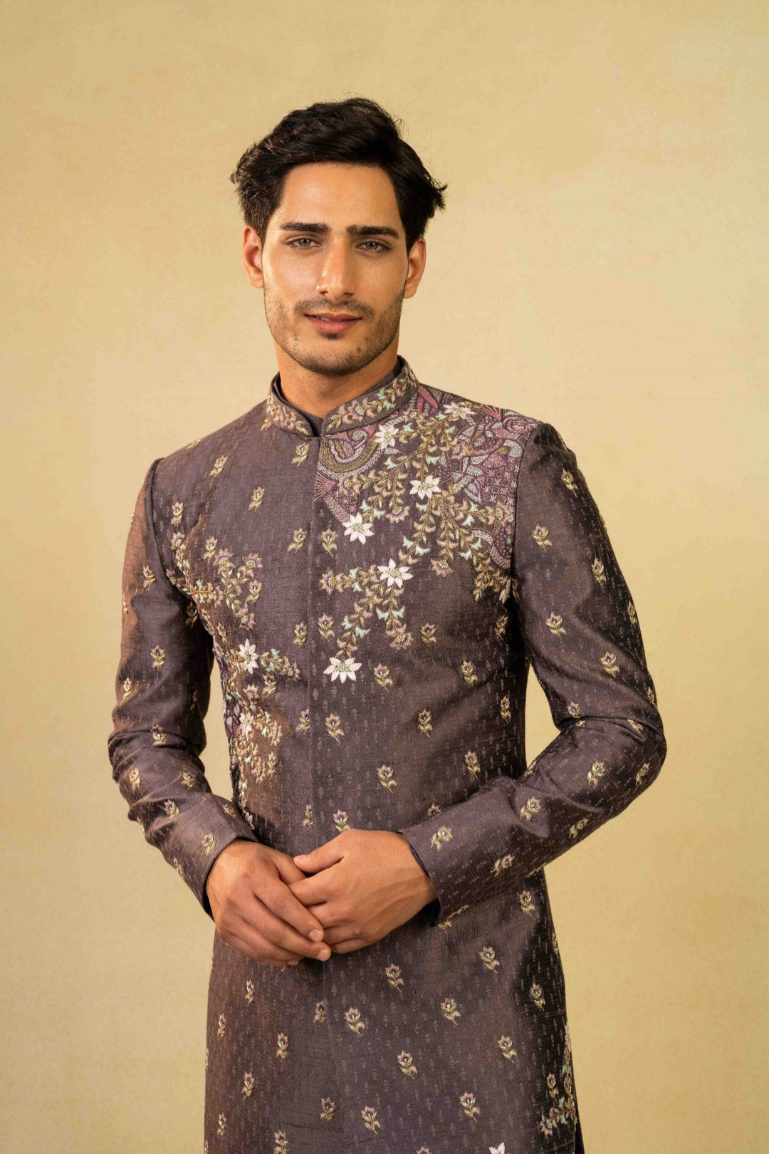 Dusty purple Indo-Western with block print detailing and hand embroidery.