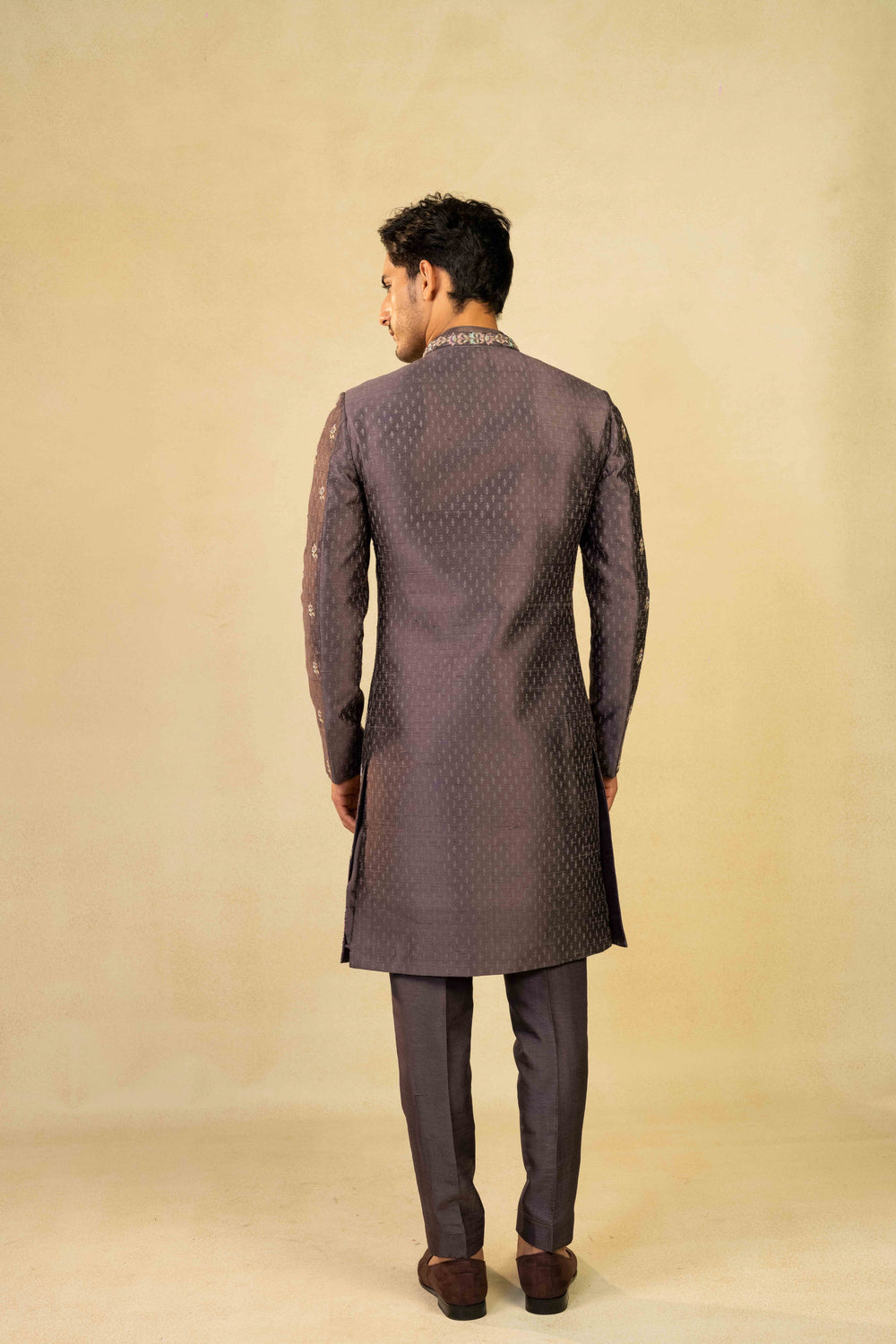 Dusty purple Indo-Western with block print detailing and hand embroidery.