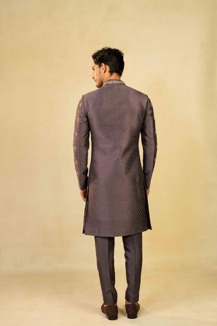 Dusty purple Indo-Western with block print detailing and hand embroidery.