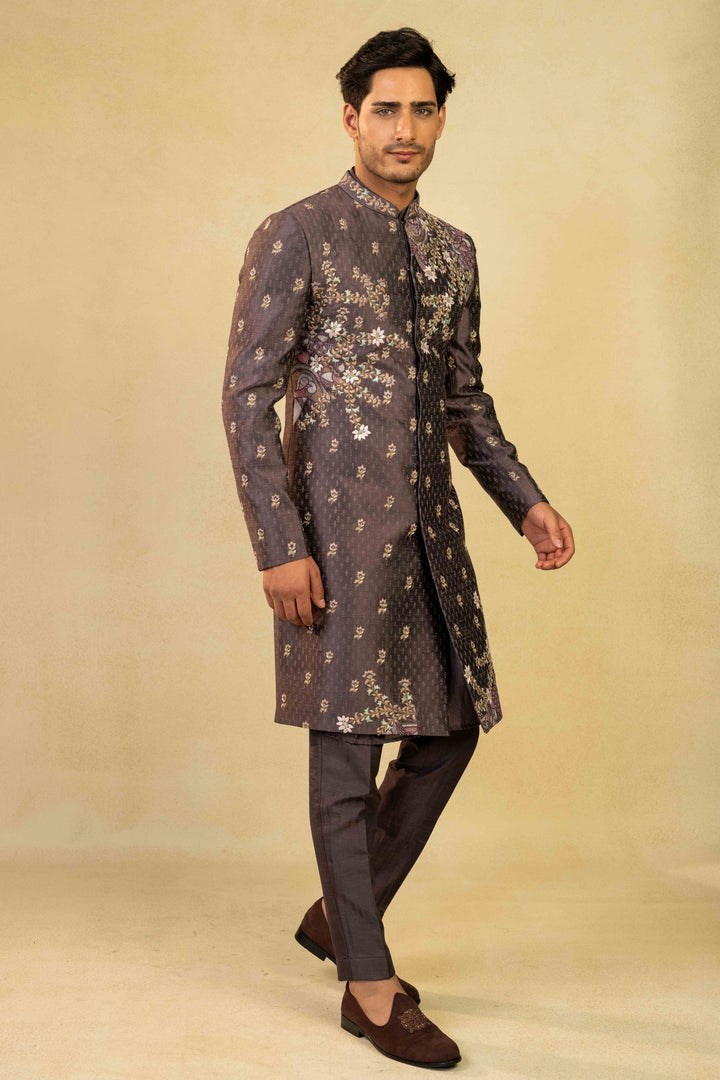 Dusty purple Indo-Western with block print detailing and hand embroidery.
